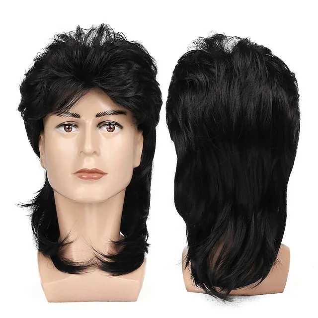 Black Fish Curly Wig Set para homens, RPG retro, peruca de Halloween, marrom, anos 80