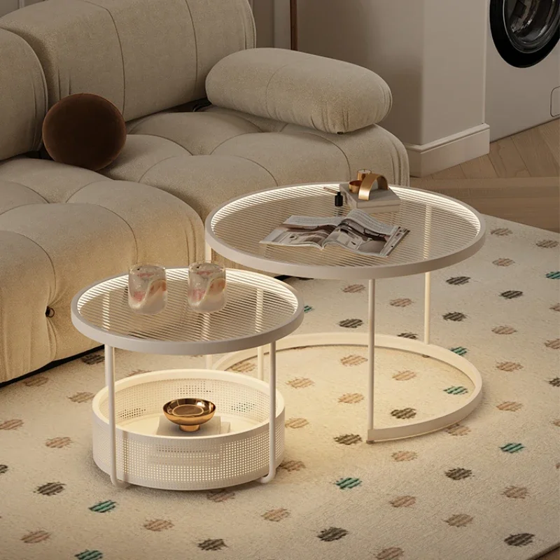 Cream style tempered glass mother and child coffee table, living room, household small round table, light luxury