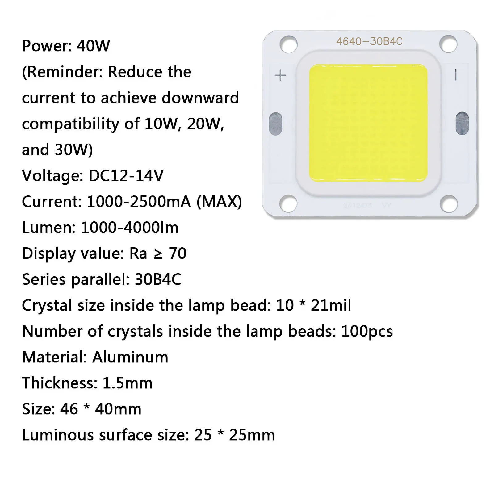 Chip LED COB de alta potencia 4640 20W 40W DC12-14V diodos LED para bombilla LED reflector de luz de proyección fuente de luz exterior DIY