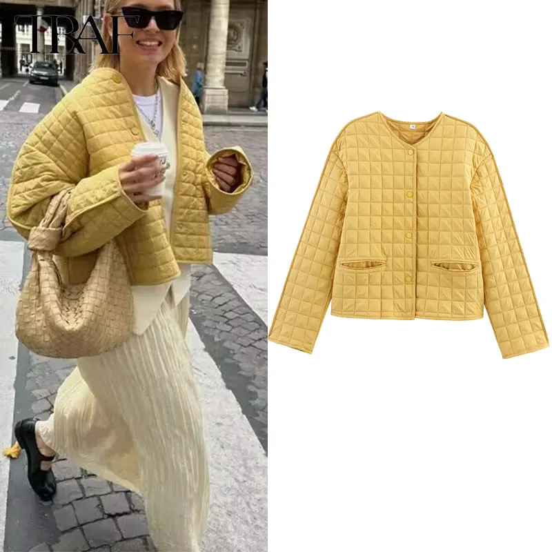 

TRAF 2025 Winter Women's Fashion Plaid Cotton Jacket Retro Round Neck Single Breakfast Women's Short Jacket Street Clothing