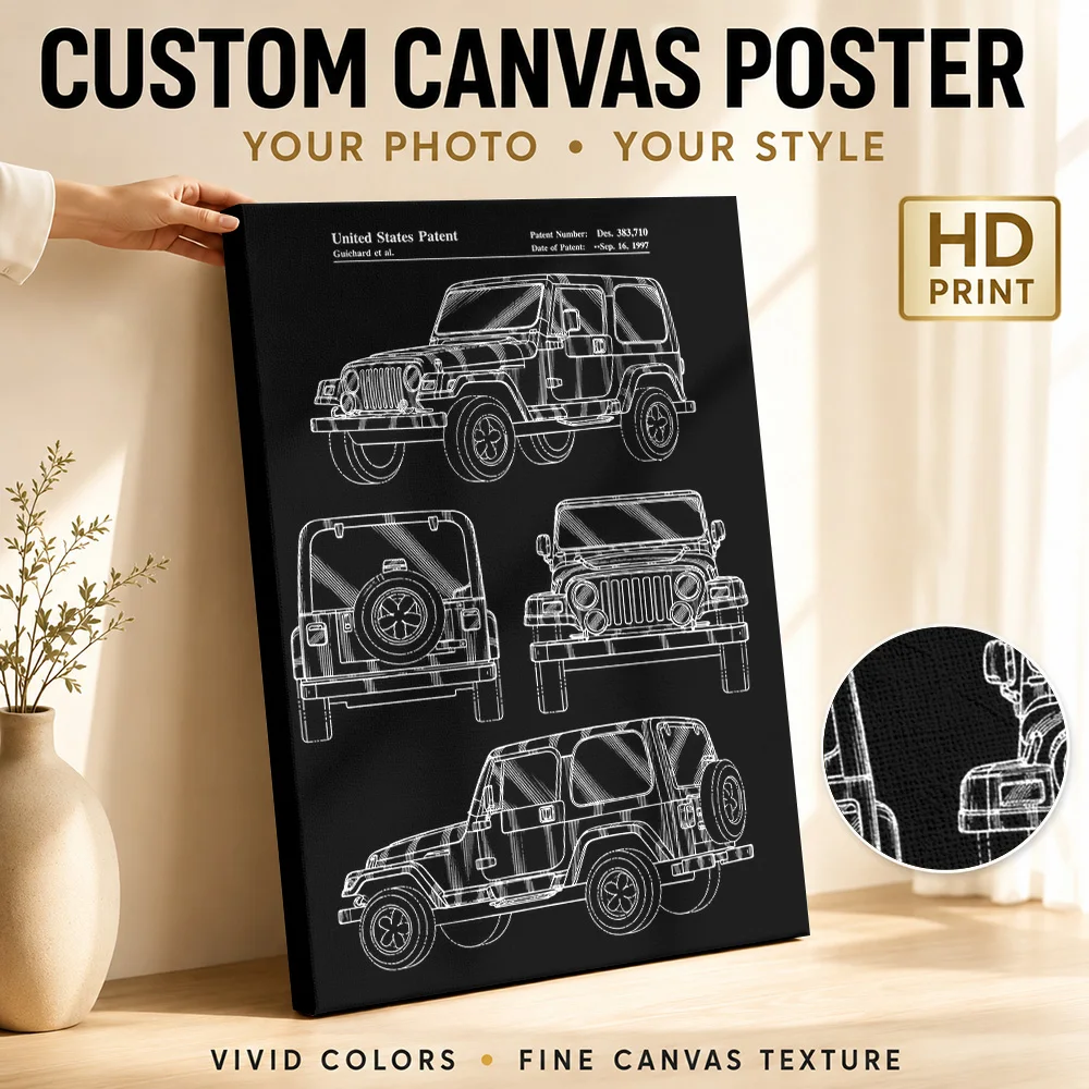 American TJ Wrangler Black SUV Framed Canvas Print Posters 3D Wall Decor With Personalized Photo For Garage Ideal Driver Gift