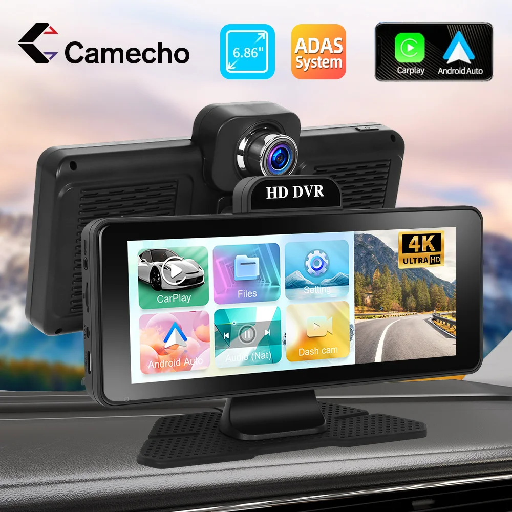 

Camecho 6.86" Touch screen Car Monitor Wireless Carplay Android Auto With 4K Forward Loop Recording Camera Support Rear Camera