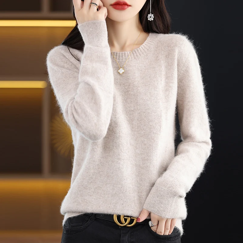 Autumn and Winter New O-Neck Women\'s Sweater 100% Pure Mink Cashmere Knitted Pullover Solid Color Slim Fit Fashion Top