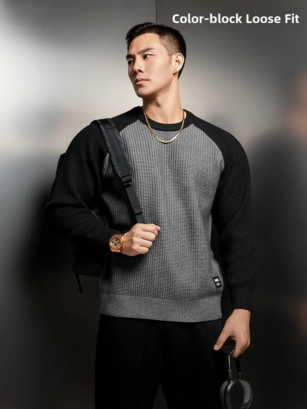 

Мужской осенне-зимний свитер свободного кроя с круглым вырезом, вязаный, в стиле колор-блок, с вставками на плечах, повседневный базовый топ