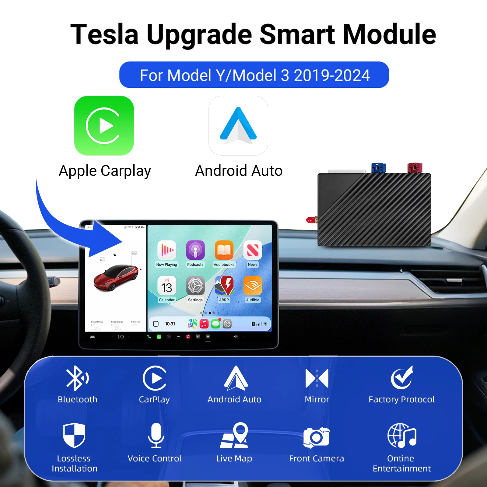 Tesla Model 3 & Y CarPlay Android Auto Decoder Box Retrofit Module - Wireless & Wired OEM Style Upgrade Kit for 2019-2024 Models