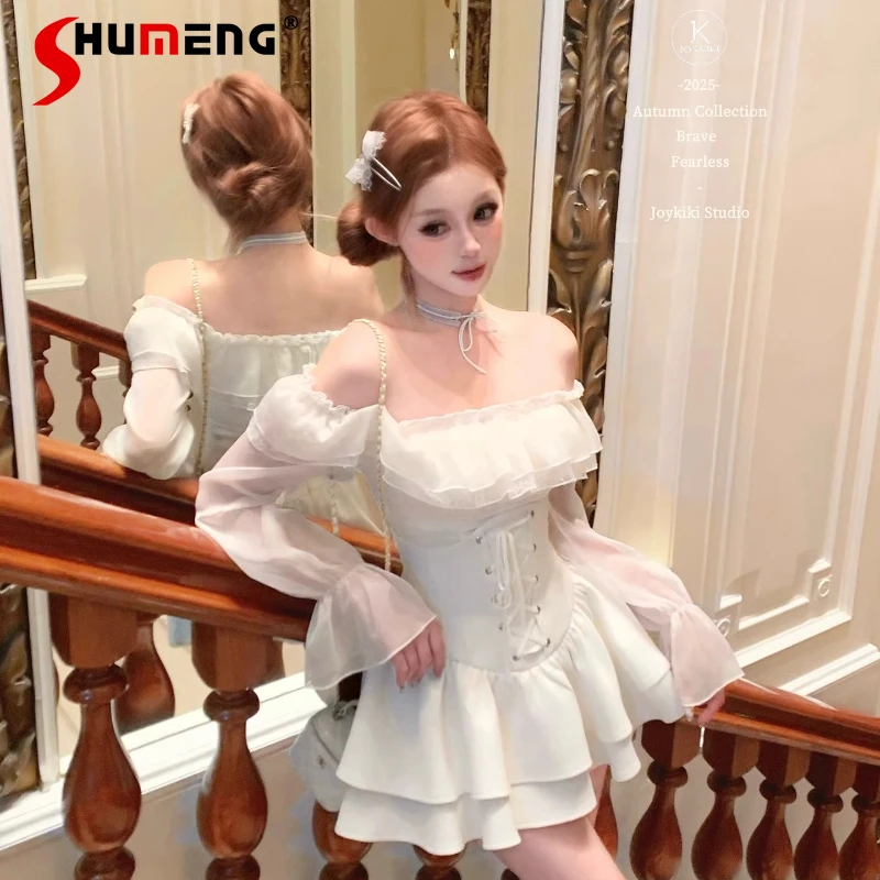 

Autumn Pure Desire Ruffled Off-Shoulder Off-Neck Long Sleeved T-shirt Pullover Autumn Skin-Friendly Breathable Solid Color Tees