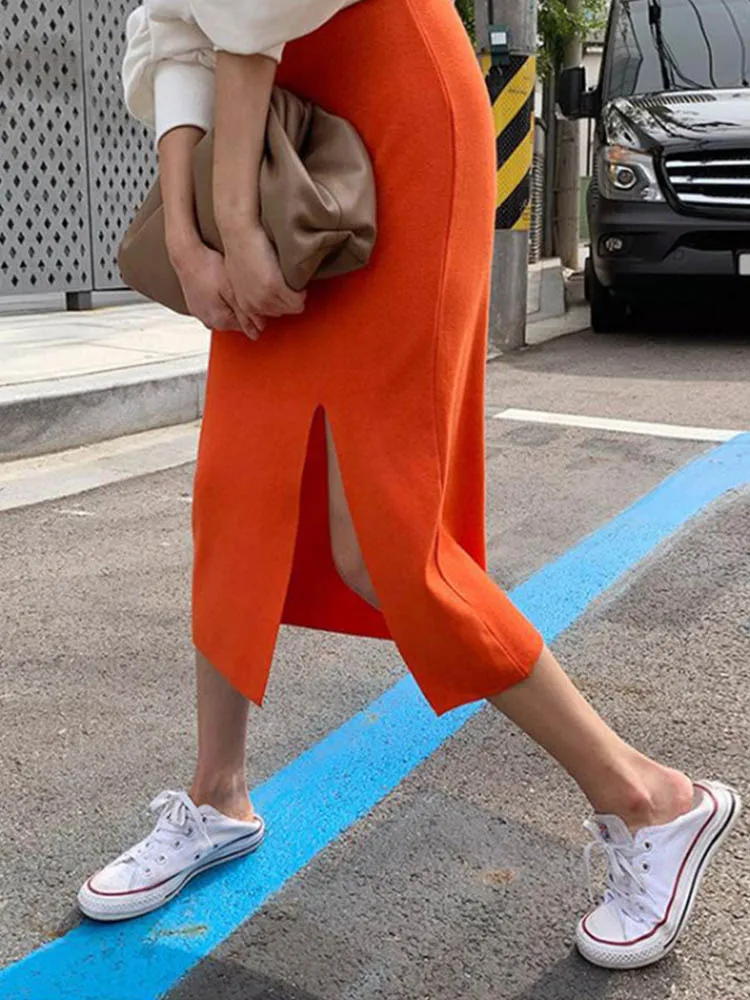 Orange Knitted Skirts Women Elastic Waist Split Pencil Skirt Korean Casual Bodycorn Long Midi Skirt Sweet Vintage Elegant