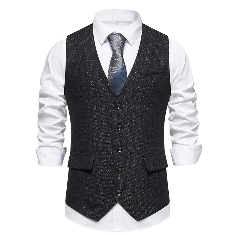 Colete de lã de tweed masculino, colete espinha de arenque, peito único, slim fit, novo