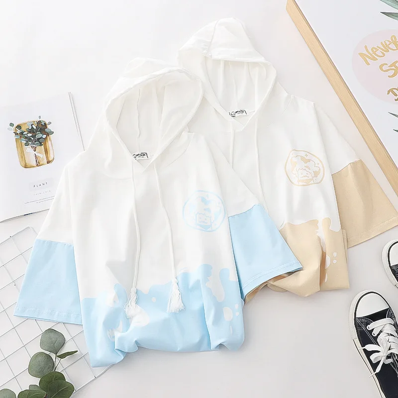 2024 Summer New Women Hooded Tshirt Colors Irregular Patchwork Tshirt Short Sleeve Casual Loose Tee Shirt All-Matching Tops