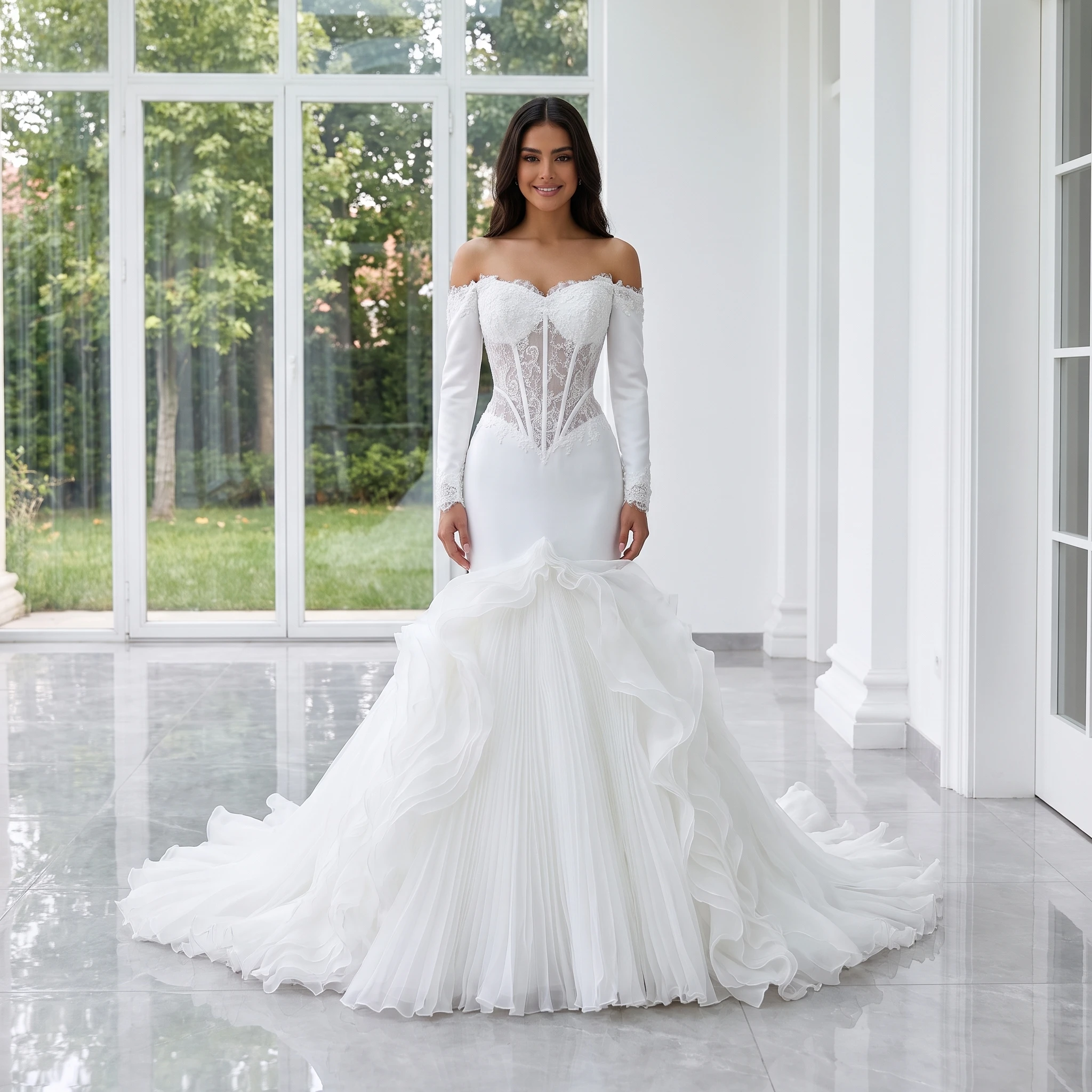 Customizd Beach Scoop Mermaid Wedding Dresses For Women Long Sleeves Lace Bride Plus Size Bridal Gown vestidos de novia boda