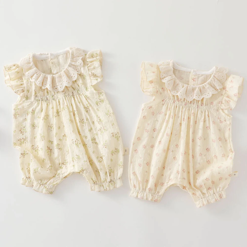 Baby Girl Clothes Summer Flutter Sleeve Floral Baby Rompers Lace Ruffles Collar Princess 1st Birthday Infant Jumpsuit