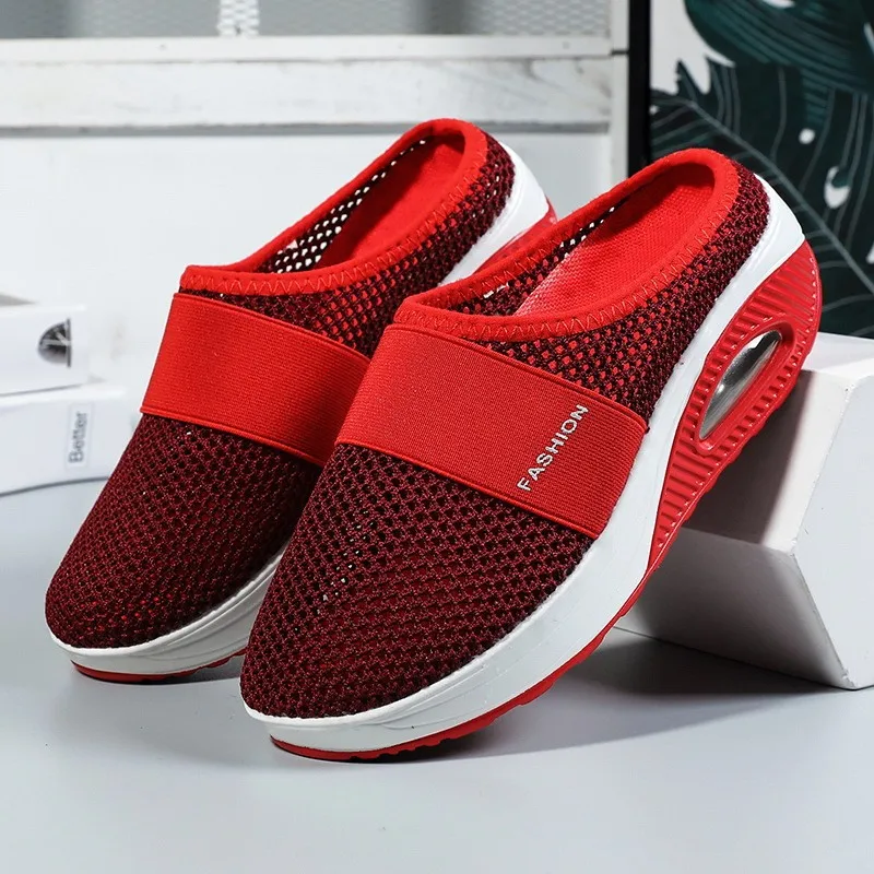 Real Air Cushion Women Mesh Wedge Slippers Premium Sandals Vintage Anti-slip Casual Mules Female Plus Size Platform Retro Shoes