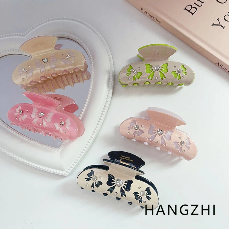 HANGZHI Hollow Bow Star Hair Clip Colorful Retro Elegant Acetate Shark Clip Versatile Diamond Hair Accessories for Women Girls