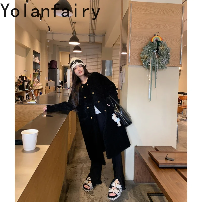 Yolanfairy เสื้อโค้ทขนสัตว์แกะแท้สำหรับผู้หญิงเสื้อคลุมตัวยาวสำหรับฤดูหนาวเสื้อโค้ทขนสัตว์คอมโพสิตสไตล์หลวมสำหรับสตรี100%