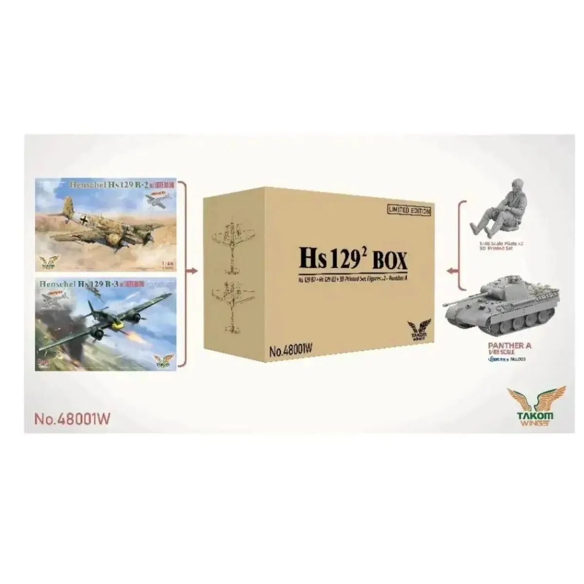 48001W TAKOM, масштаб 1:48, коробка Hs1292 (Hs129 B-2, Hs129 B-3 и набор для 3D-печати, 2 комплекта пластиковых моделей для сборки солдата с пантерой A)