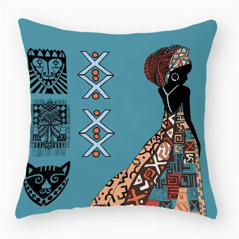 アフリカの女性柄プリントの短毛プラッシュ素材のクッションカバー、リビングルームのソファ装飾用