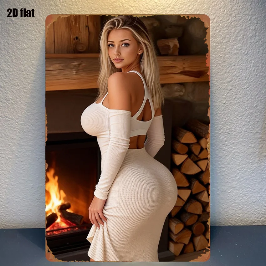 Letrero Metálico Retro 2D de 8x12 Pulgadas, Placa de Hojalata Vintage con Diseño de Mujer Sensual y Chimenea, Decoración de Pared para Hogar, Bar, Garaje o Cuarto de Hombre