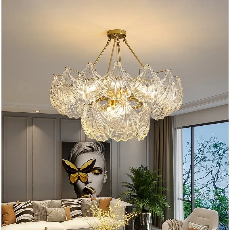 GHJUYIOL Minimalist postmodern living room shell pendant light French light luxury crystal bedroom ceiling light