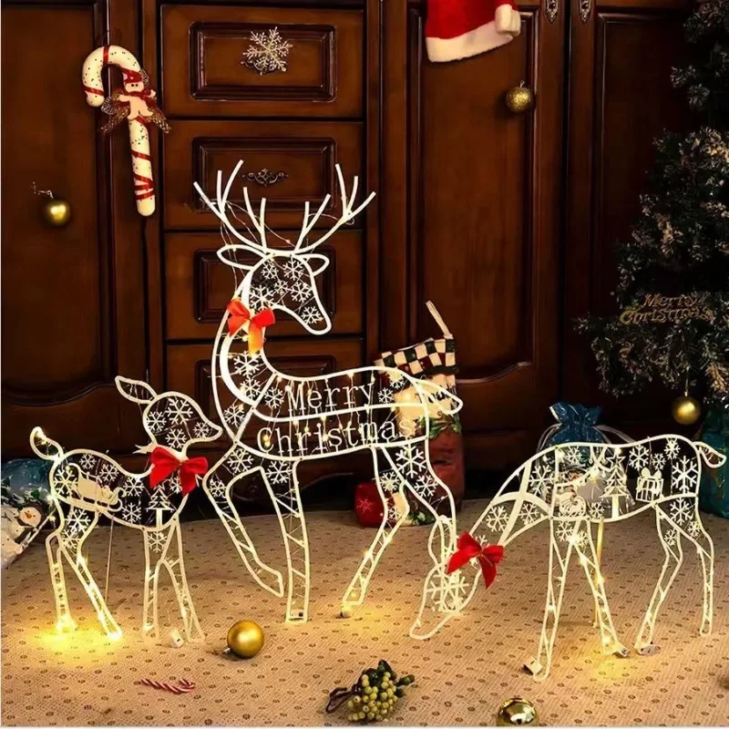 

3pcs Originali Lighted Deer Reindeer Family Christmas Decor Handmake Iron Art Elk Deer Christmas Garden Decor With Led Lights