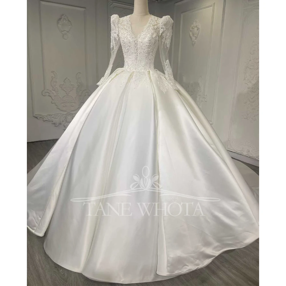 

Princesse с длинным рукавом на шнуровке с замочной скважиной сзади, атласное белое бальное платье цвета слоновой кости, расшитое кристаллами, свадебное платье с зубцами, 2025 г.