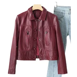 High Quality Genuine Leather Women Wine Red Sheepskin Jackets 2024 Fall New Fashion High Street Moto & Biker Short Jacket  Coats