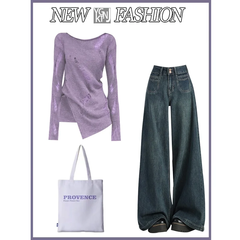 Herfstseizoen jeans met hoge taille en wijde pijpen, tweedelige set met gebreid gatontwerp Top voor trendy meisjes Casual Sle Faion-set