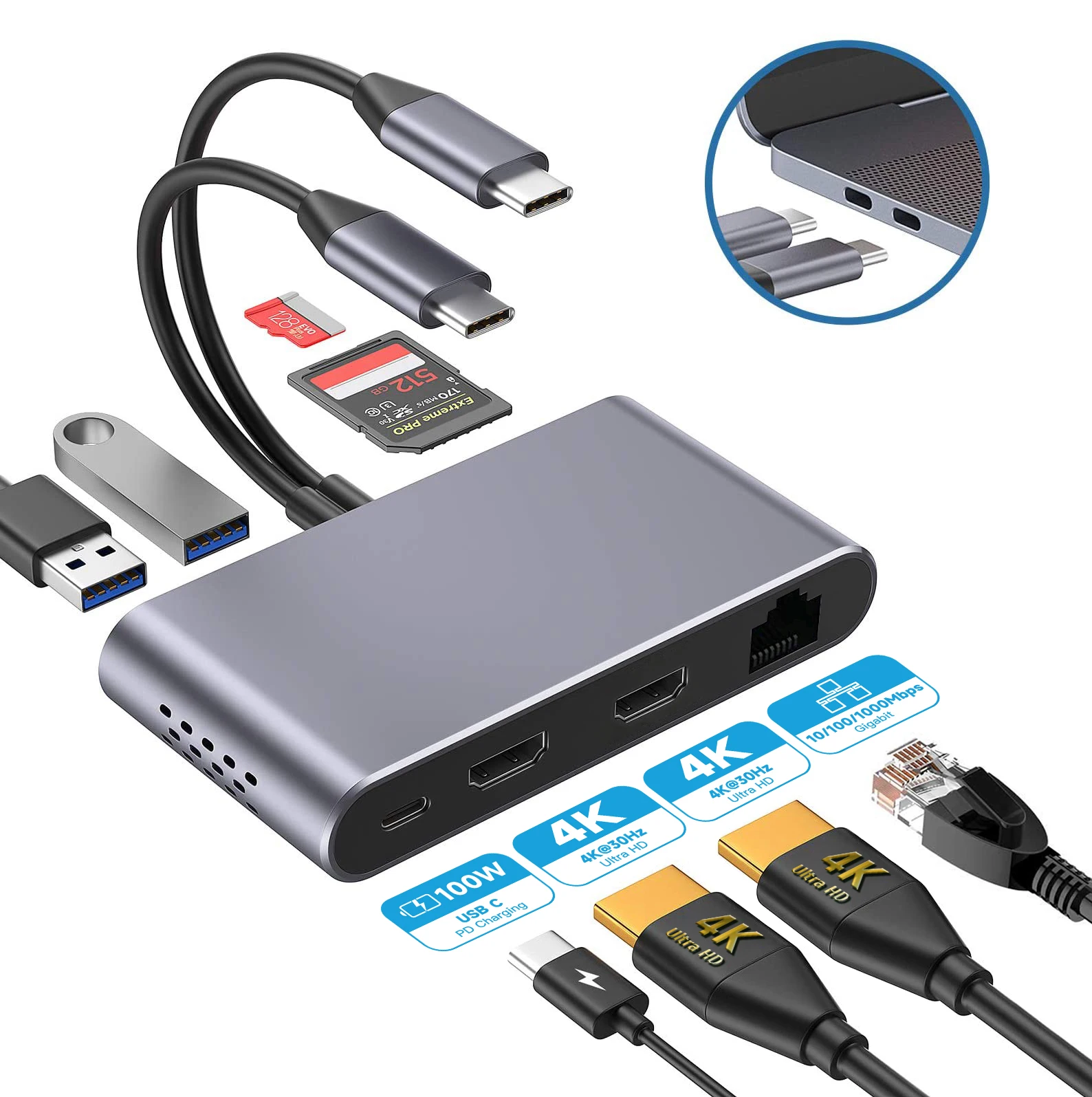8 in 2 USB C Hub Dual HDMI 4K 60Hz RJ45 SD/TF Card Reader 100W PD Charging USB3.0 Adapter for Laptop PC Desktop Computer