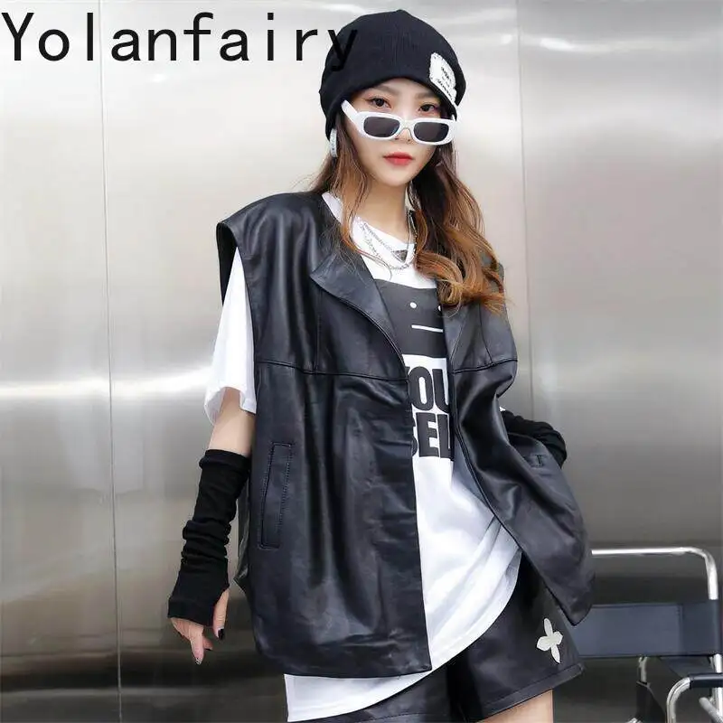 YOLANFAIRY Genuine Sheepskin Vest for Woman 2026 Autumn Black Leather Waistcoat Women Korean Style Loose Sleeveless Jacket Vests