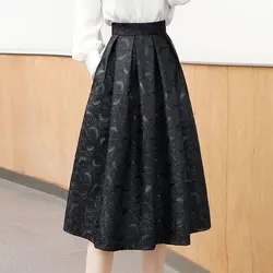 Black Floral Vintage Elegant High Waist Ball Gown A-Line Loose Women's Skirt Knee-Length Long Skirts For Women Clothing Fashion