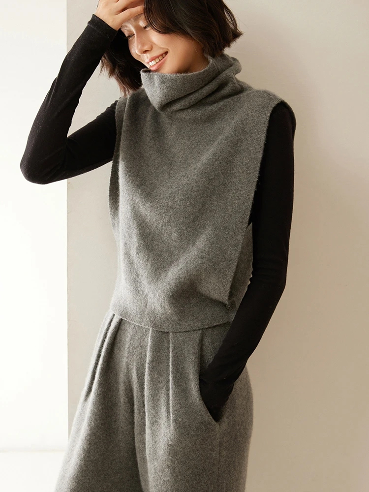 

Women's 100% Cashmere Sweater Row Style Waistcoat Turtleneck Sleeveless Pullover Sweater Autumn Winter Cashmere Knit Tops