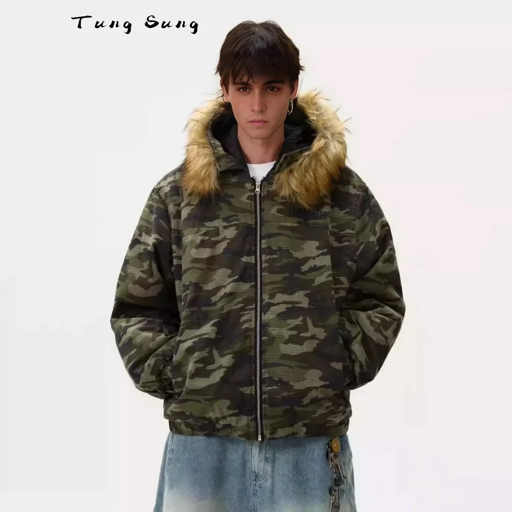 Tung Sung American Camouflage Flight Puffer Jacket Retro Casual Removable Fur Collar Thermal Winter Coat