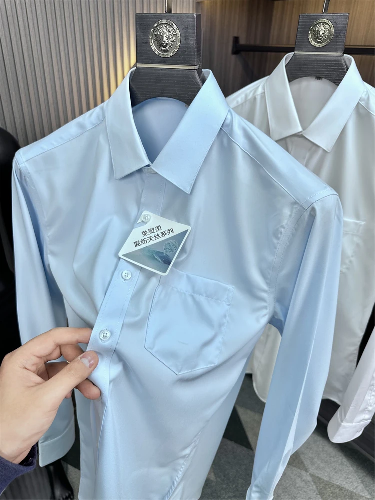 

High-End Men's Long Sleeve Shirt Luxury Mixture Casual Turn-down Collar Spring Summer Fashion Urban Fit Button Detail