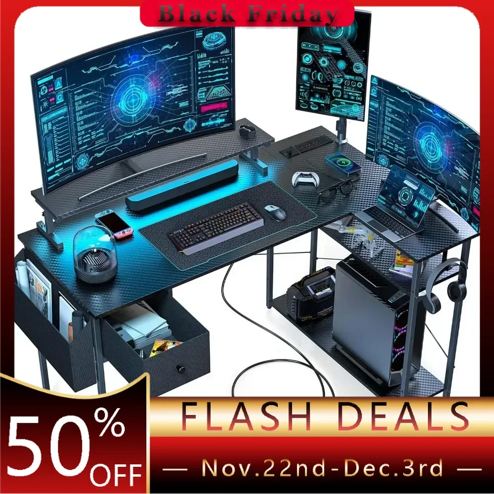 47 Inch L-shaped Gaming Table, Computer Gaming Table with LED Lights and Adjustable Bracket, Storage Drawer, Hook, Black