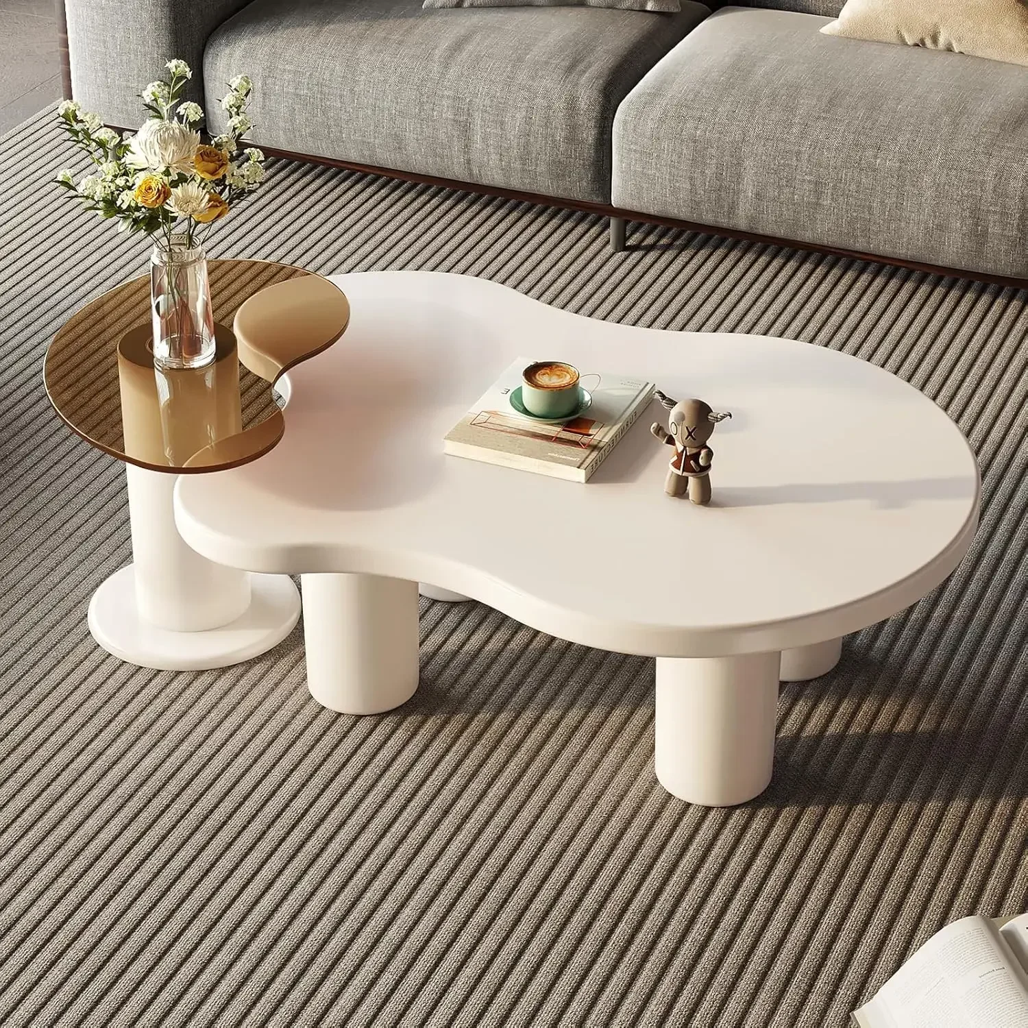 

40.94" Modern Nesting Coffee Tables Set of 2, 2 in 1 Irregular Coffee Table, with Glass Top End Table for Living Room, Bedroom,