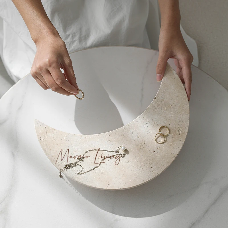 

Travertine Tray for Candle and Mubkhar Decorative Moon Shaped Trinket Dish for Jewelry Perfume