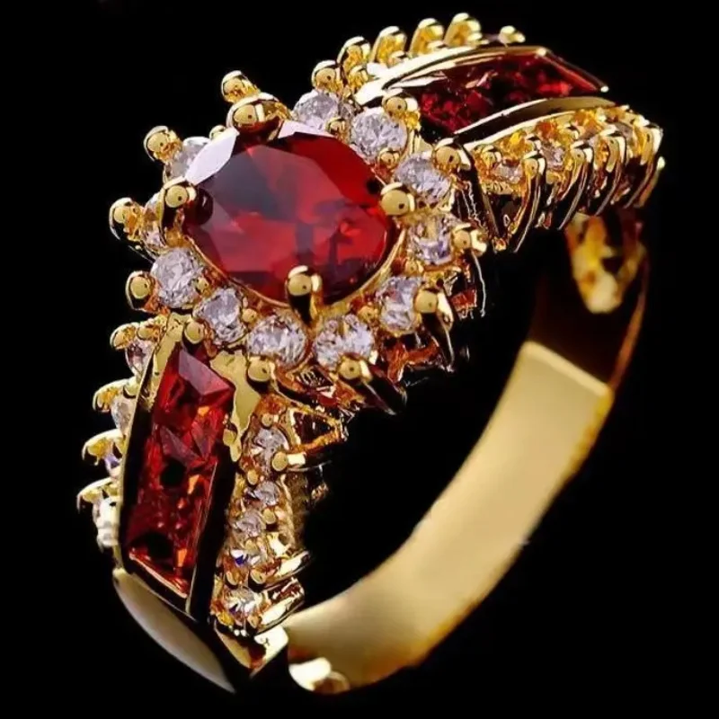 2024 new Luxurious Blue Red Zircon Fashion Men\'s and Women\'s Rings Gold Color Anniversary Unisex Jewelry Wedding Rings Wholesale