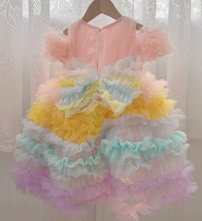 New Arrival Real Baby Girls First Birthday Dress with Bow Wedding Flower Girl Dress Infant Toddler Tutu Outfit 12M Party Gown