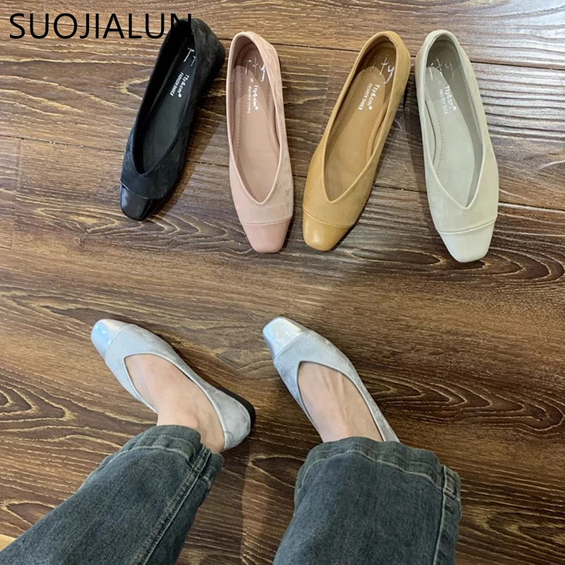 SUOJIALUN Summer New Women Flat Shoes Fashion Shallow Slip On Ladies Elegant Ballerinas Shoes Soft Flat Heel Round Toe Boat Shoe