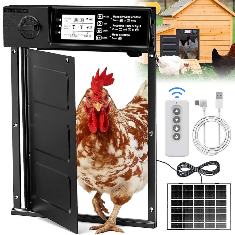 1 ensemble de porte automatique solaire pour poulailler 3,5 W, avec minuterie, écran LCD, dispositif anti-blocage, télécommande et étanche, peut protéger votre volaille des attaques de renards ou de loups.