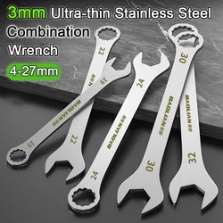 1PC 3mm Ultra-thin Wrench 4-27mm Large Open Plum Dual-Purpose Wrench Thin Stainless Steel Wrench Household Repair Hand Tools