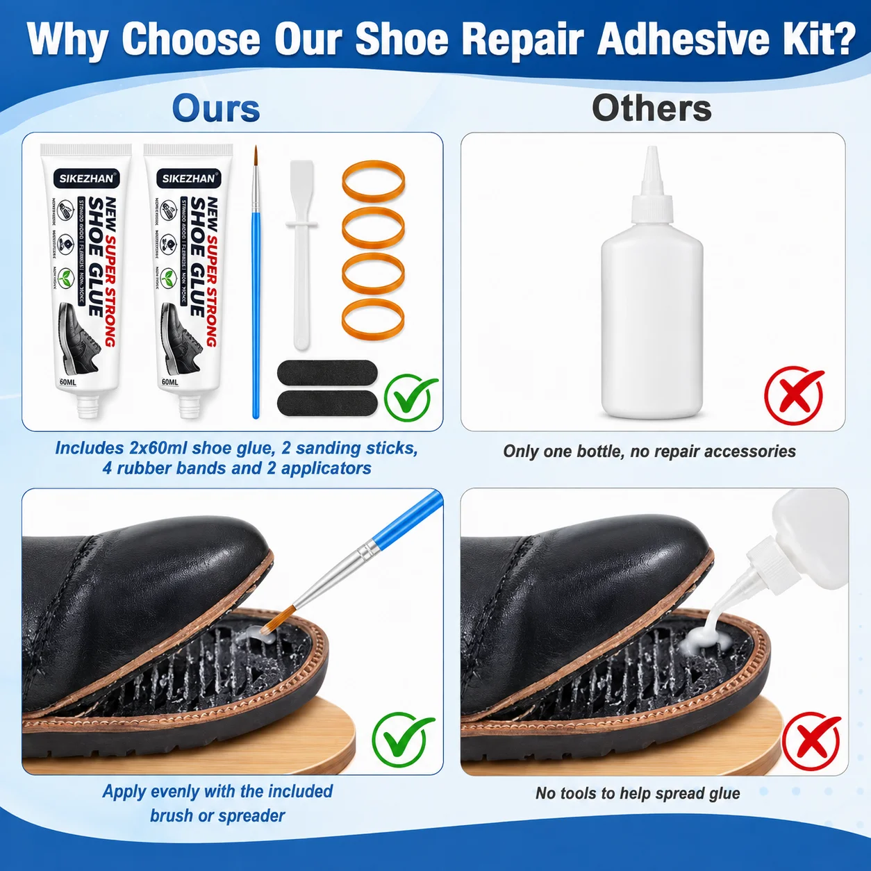 2PCS 60ML Shoe Repair Glue Kit with Brush, Spatula, Rubber Bands and Repair Patches for Sneakers, Boots, Soles and DIY Fixes