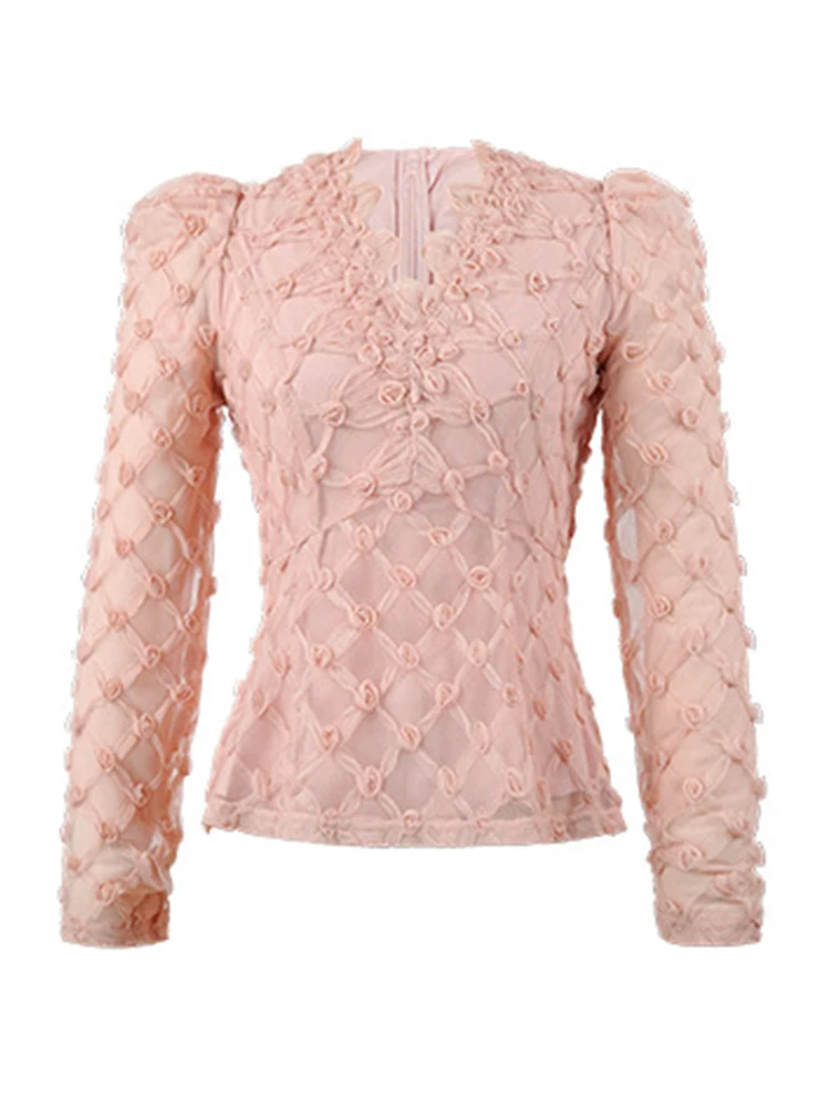 الحلو الوردي شبكة الأزهار الخامس الرقبة قميص المرأة الشارع الملابس أنيقة سيدة Mujer نفخة الأكمام سليم القمم بلوزة غير رسمية موضة الخريف #3