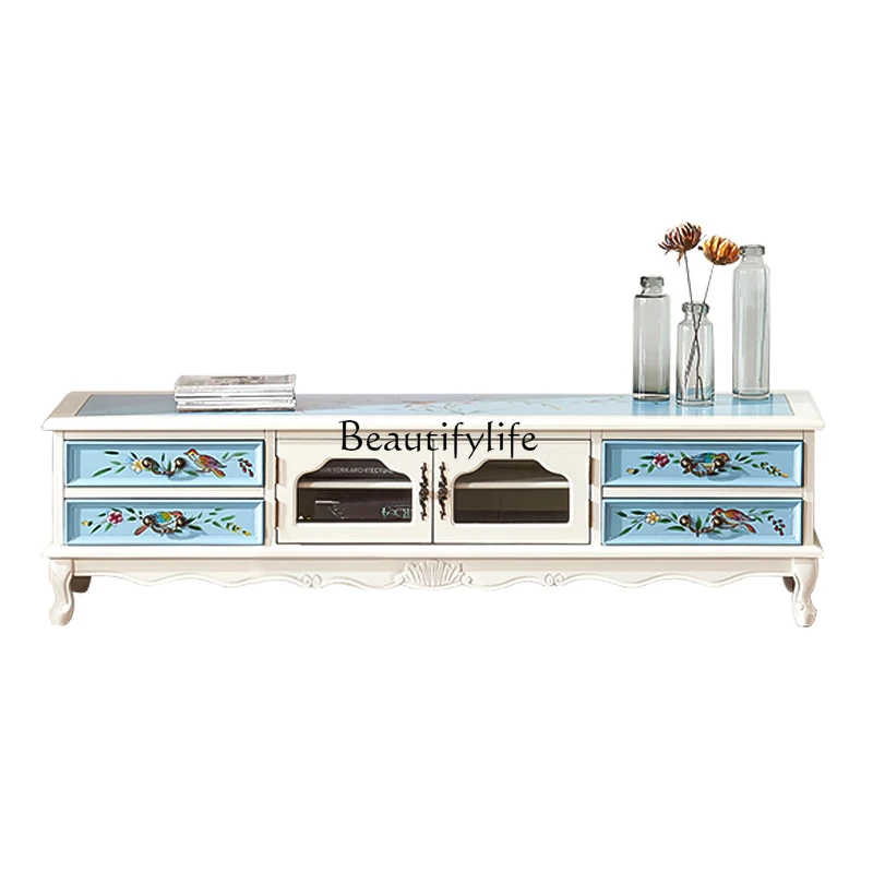 

*American pastoral TV cabinet blue and white living room TV cabinet European solid wood