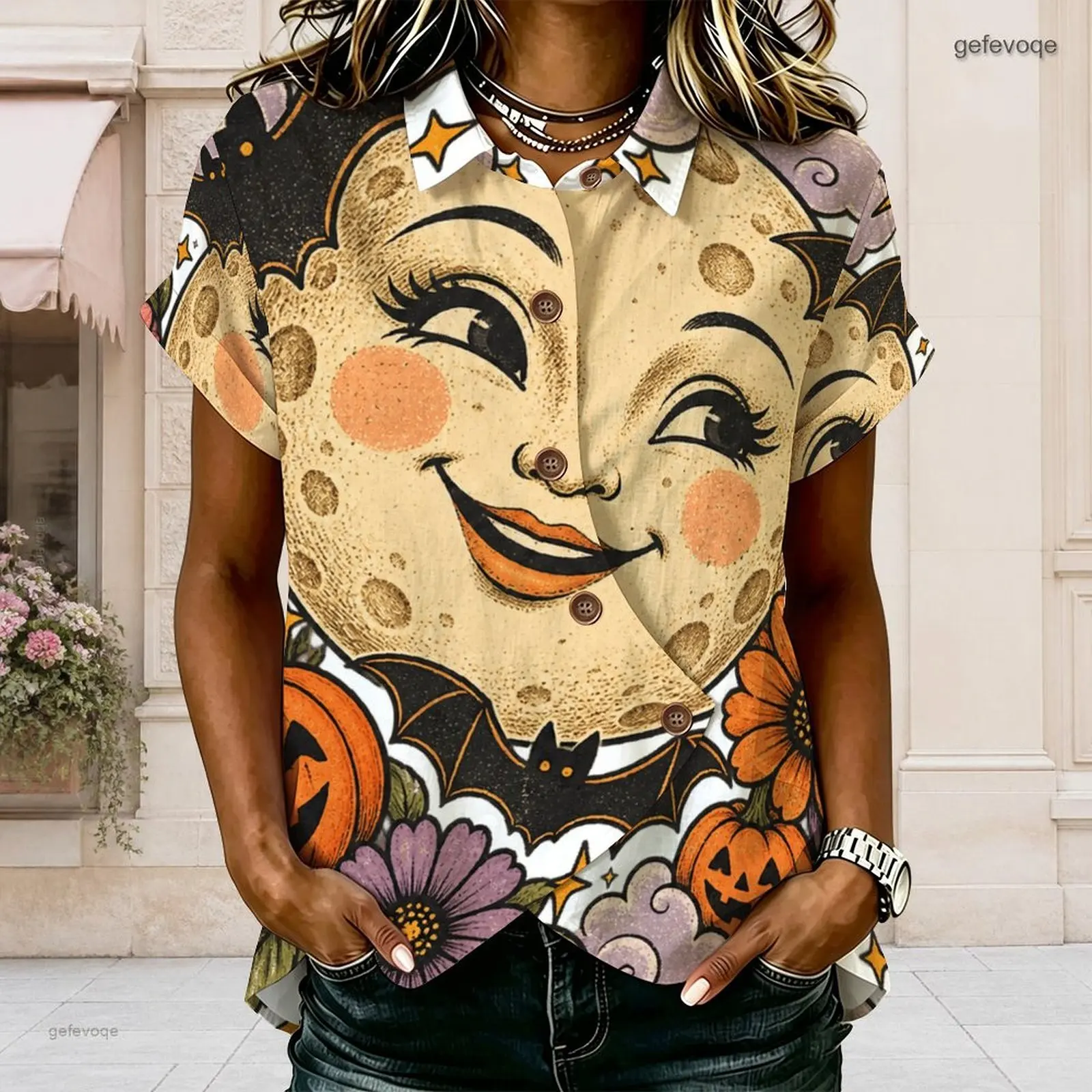 Women Collared Short Sleeve Button Front Shirt, Printed Happy Goat Floral Ghost Cowboy Boot Pattern