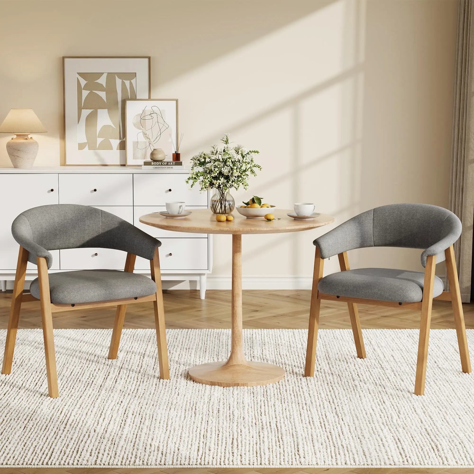 Modern Farmhouse Dining Chair with Arms – Upholstered Chenille Accent Armchair – Solid Wood Legs – Curved Backrest – Comfortable Seating for Kitchen or Dining Room – Cream