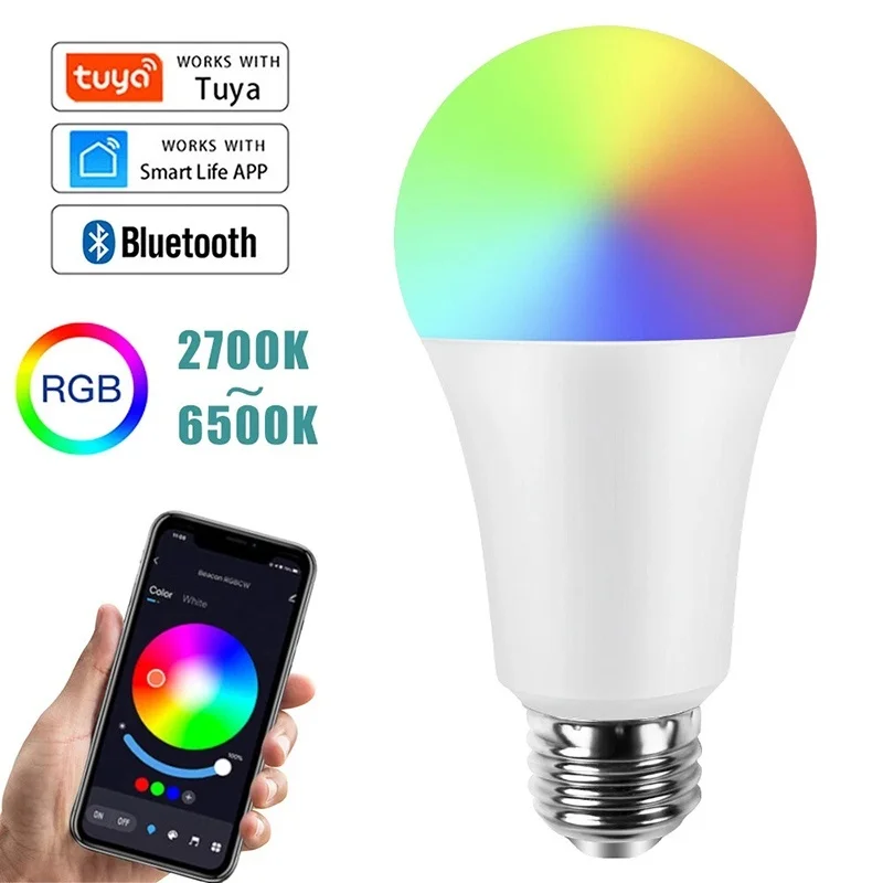 Tuya WiFi Smart LED Bulb Dimmable 15W 18W E27 220V RGBCW Colorful Change Lamps Smart Life APP Group Control Music Rhythm Timing
