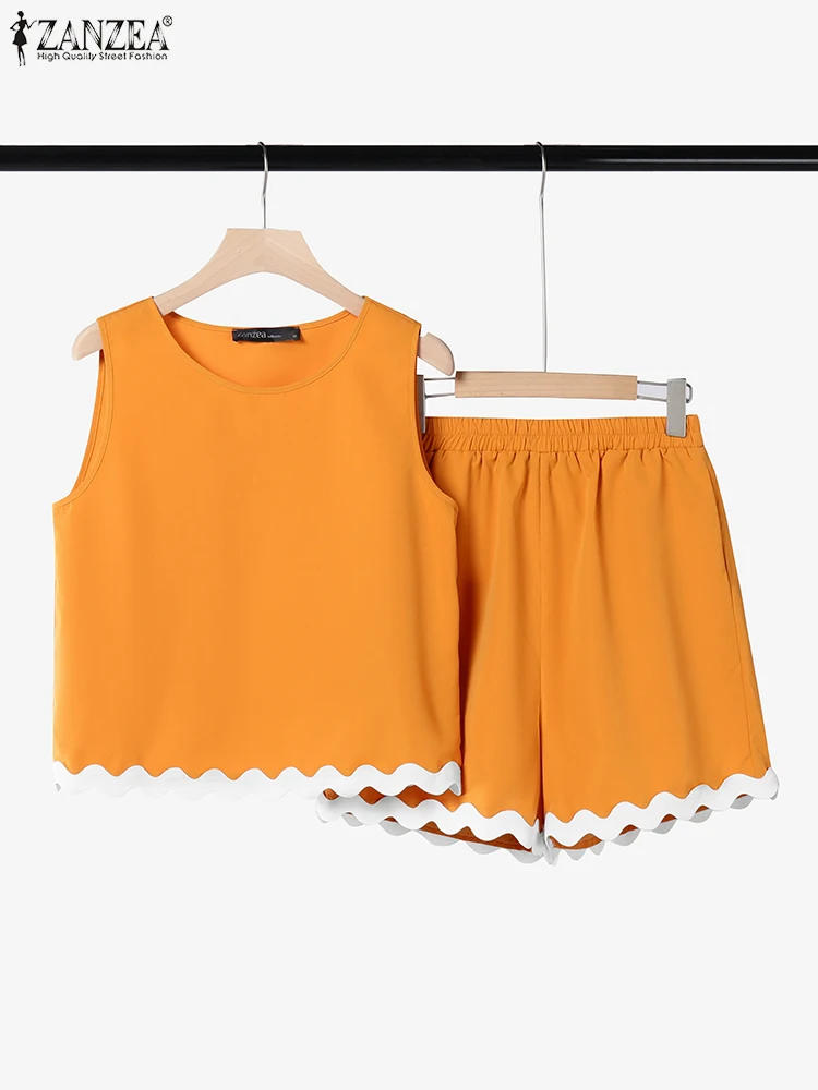 

ZANZEA 2025 Summer Fashion Color Patchwork Short Sets Women 2PCS Sleeveless Tops and Elastic Waist Casual Two-piece Outfits Sets