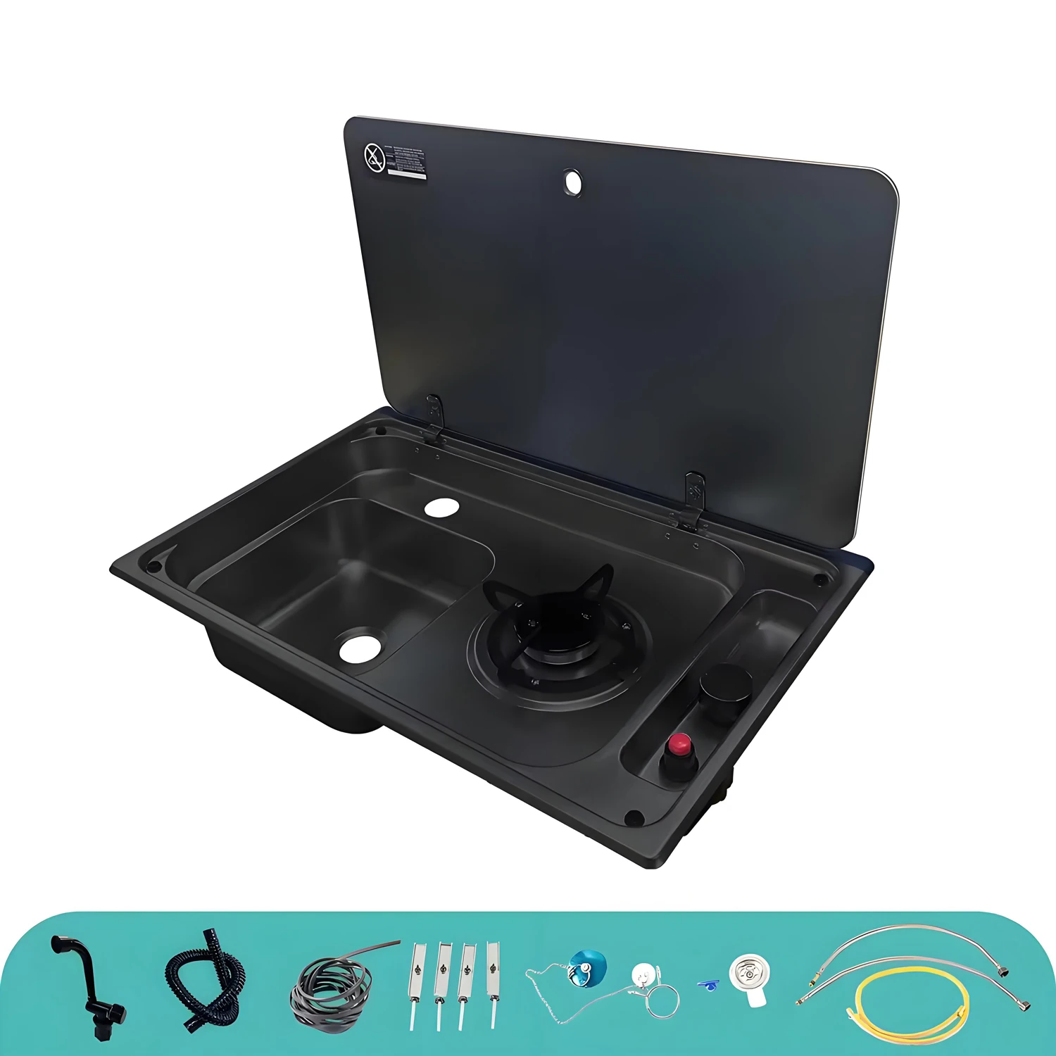 

RV Gas Stove & Black Stainless Steel Sink Burner Cooktop with Faucet and Cover, Suitable for Campers, Marine Use, and Motorhomes