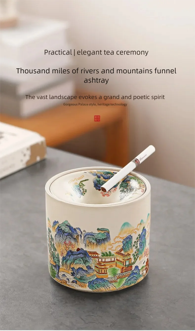 Chinese National Trend Ru Kiln Funnel-shaped Ashtray with Lid to Prevent Ash Flying, Home Living Room Ceramic Tea Dregs Water Ba