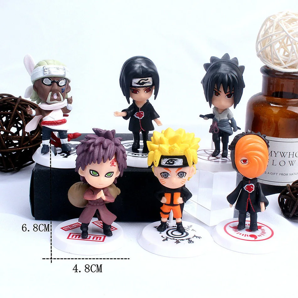 6 Pcs/Lot Q Version NARUTO Sasuke Gaara Uchiha Madara Figure 7-8cm 2 Style Personality Base Mini Figurines Decoration Doll Gifts